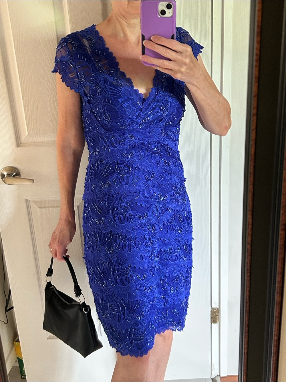 Lace V-Neck Beaded Midi Dress, Royal Blue, size medium